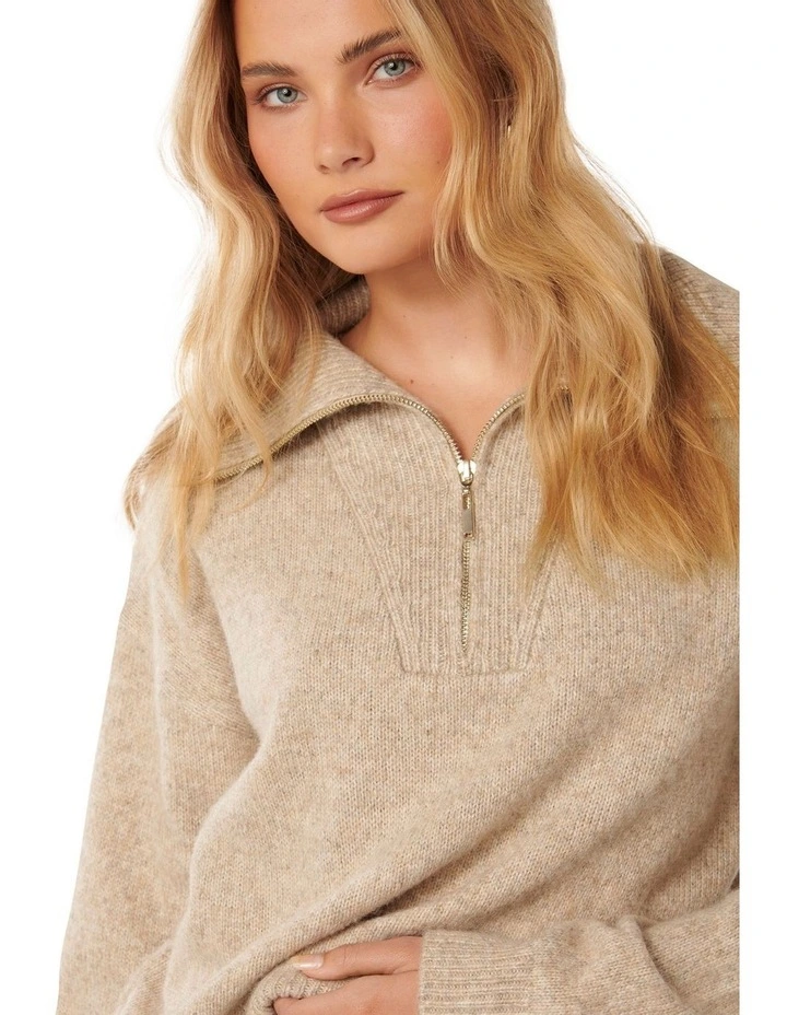 Josie 3/4 Zip Puller Knit Jumper in Beige image 4