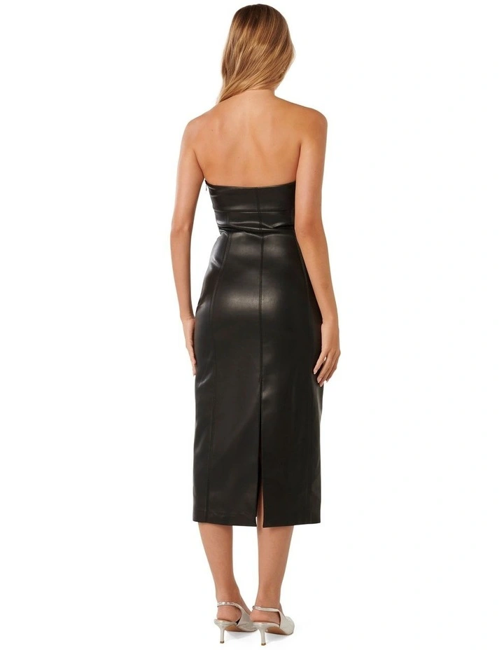 Sabrina PU Strapless Midi Dress in Black image 2