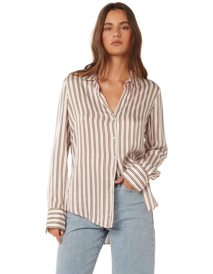 Harvey Notched Neck Satin Shirt in Brown stripe image 1