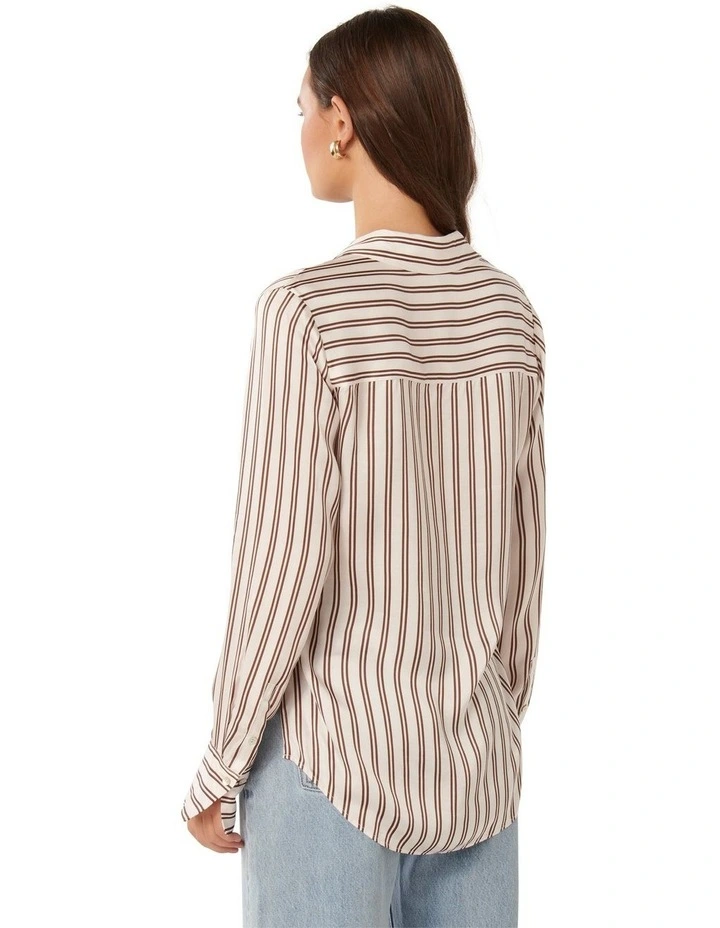 Harvey Notched Neck Satin Shirt in Brown stripe image 2