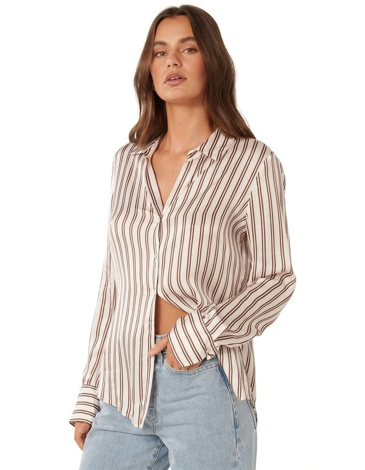 Harvey Notched Neck Satin Shirt in Brown stripe image 3