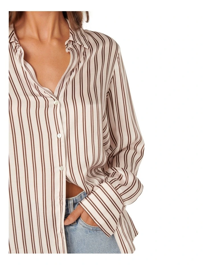 Harvey Notched Neck Satin Shirt in Brown stripe image 4