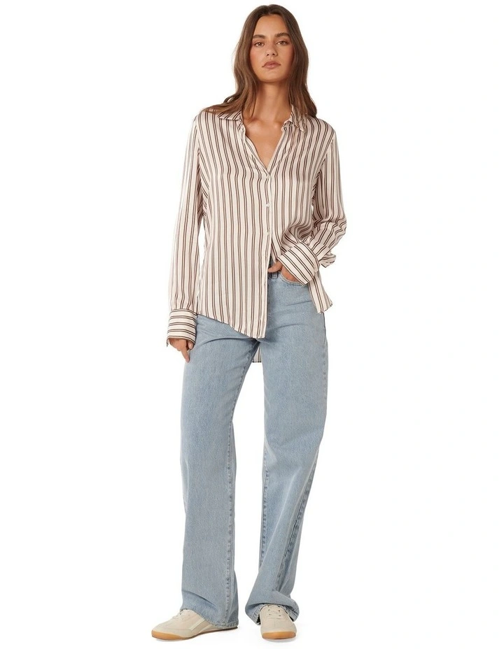 Harvey Notched Neck Satin Shirt in Brown stripe image 5