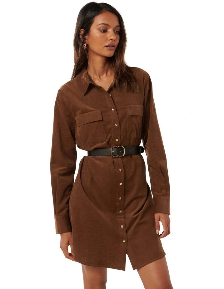 Lucie Long Sleeve Cord Mini Dress in Brown image 3
