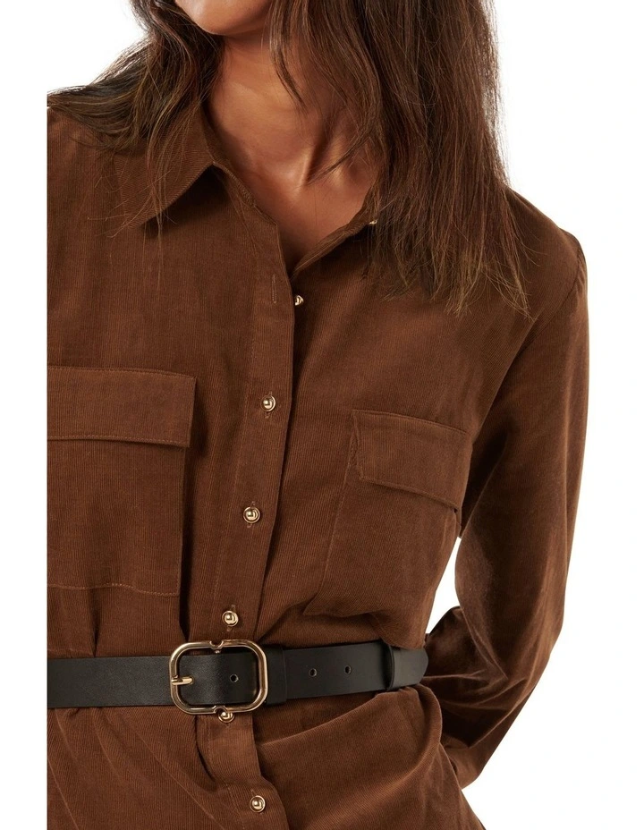 Lucie Long Sleeve Cord Mini Dress in Brown image 4