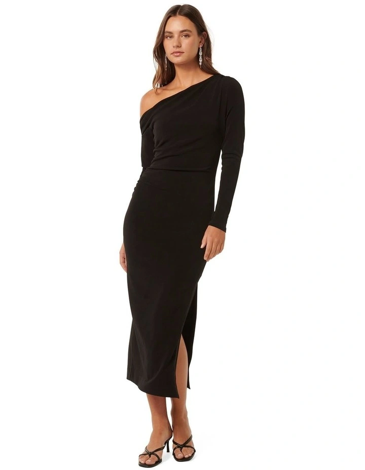 Alex Tipped Shoulder Long Sleeves Midi Dress in Black image 1