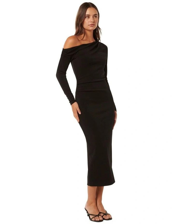 Alex Tipped Shoulder Long Sleeves Midi Dress in Black image 3