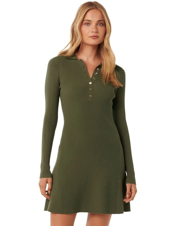 Joanna Half Placket Ribbed Mini Dress in Green image 1