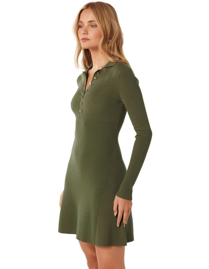 Joanna Half Placket Ribbed Mini Dress in Green image 3