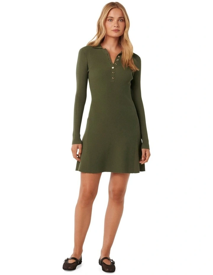 Joanna Half Placket Ribbed Mini Dress in Green image 5