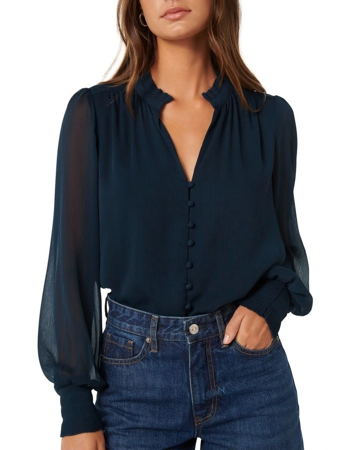 Floral Fluted Pleat Blouse in Blue image 4