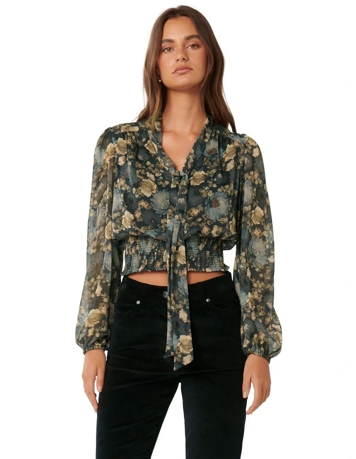 Gloria Shirred Printed Blouse in Blue Multi image 1