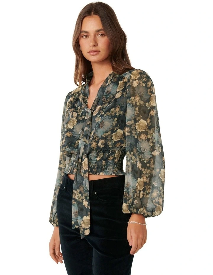 Gloria Shirred Printed Blouse in Blue Multi image 3