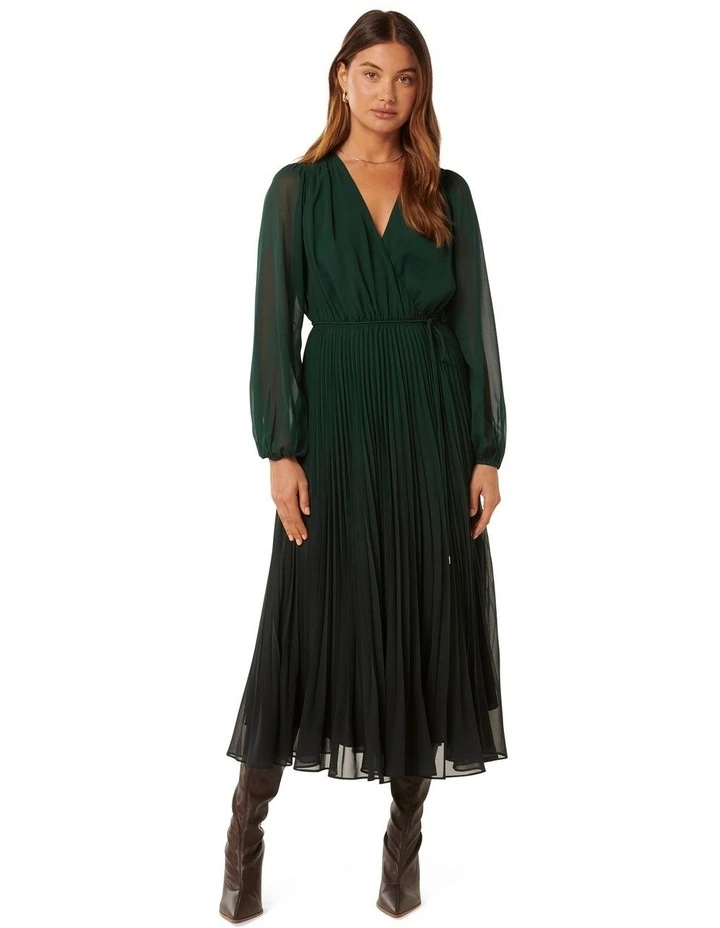 Priscilla Long Sleeves Pleated Midi Dress in Green image 1