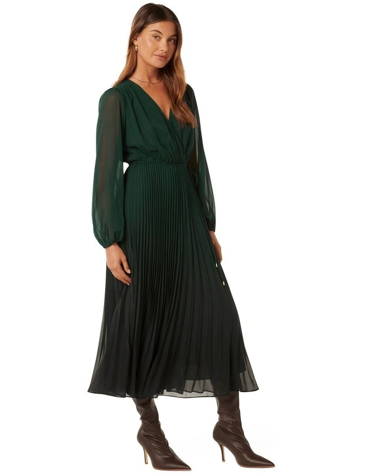 Priscilla Long Sleeves Pleated Midi Dress in Green image 3