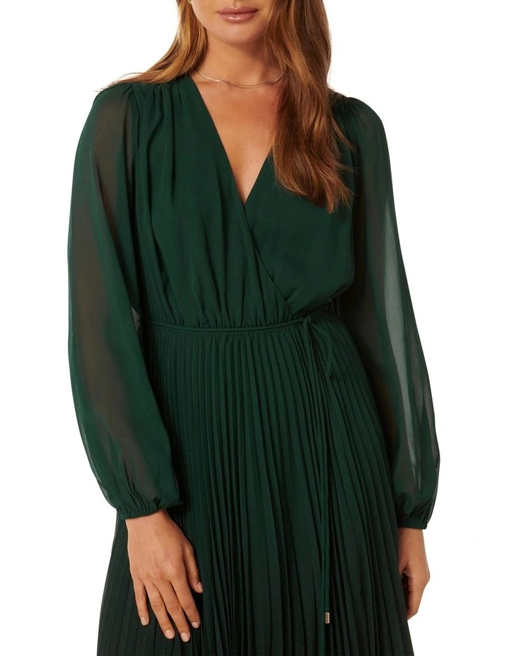 Priscilla Long Sleeves Pleated Midi Dress in Green image 4