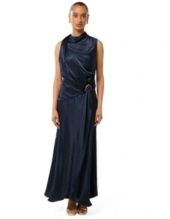 Cassie Satin Midi Dress in Navy Blue