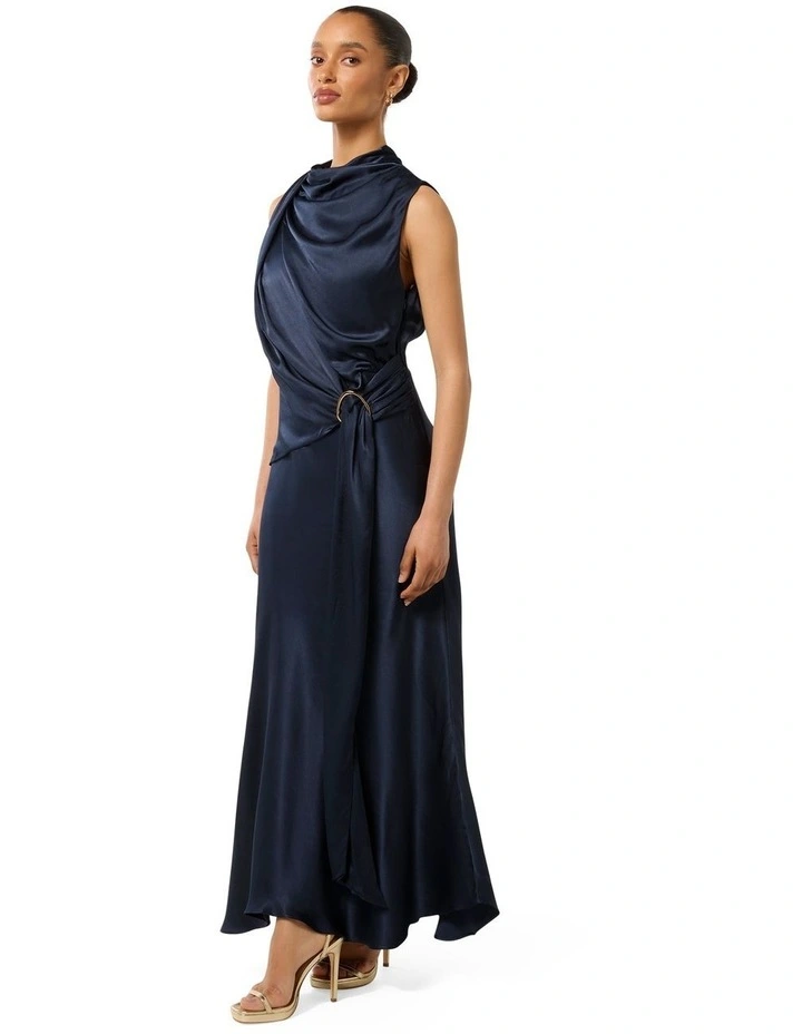 Cassie Satin Midi Dress in Navy Blue image 3