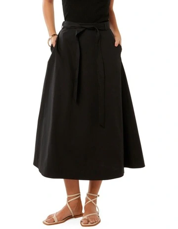 Madeleine Belted Midi Skirt in Black