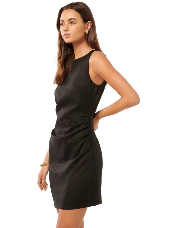 Arianna Linen Ruched Waist Mini Dress in Black image 3