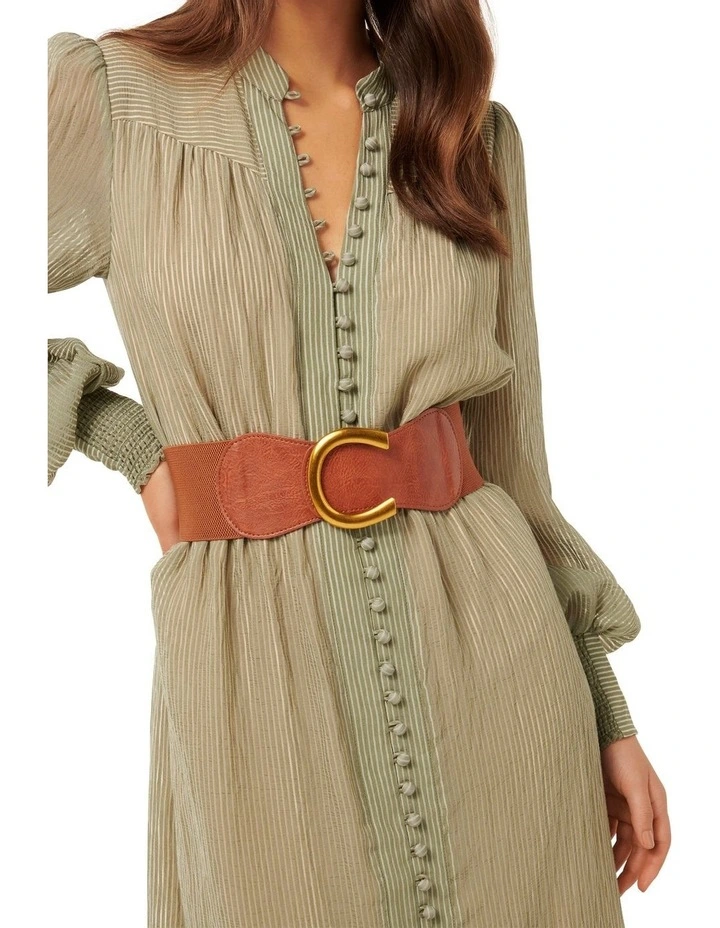 Anja Self Stripe Belted Midi Dress in Soft Sage image 4