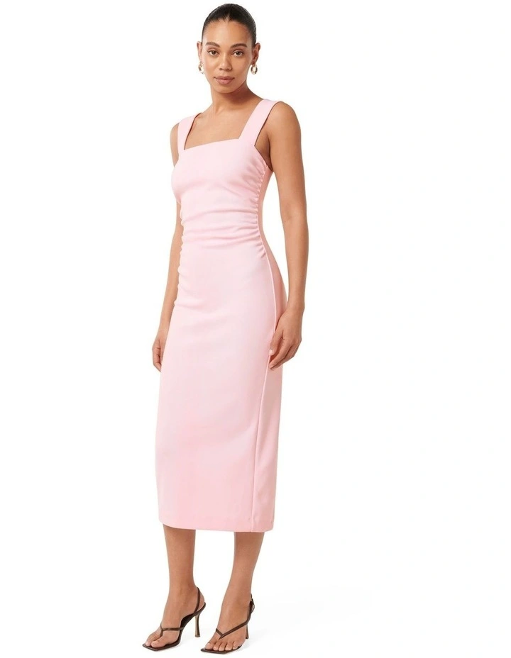 Reina Ruched Bodycon Midi Dress in Formica Pink image 3