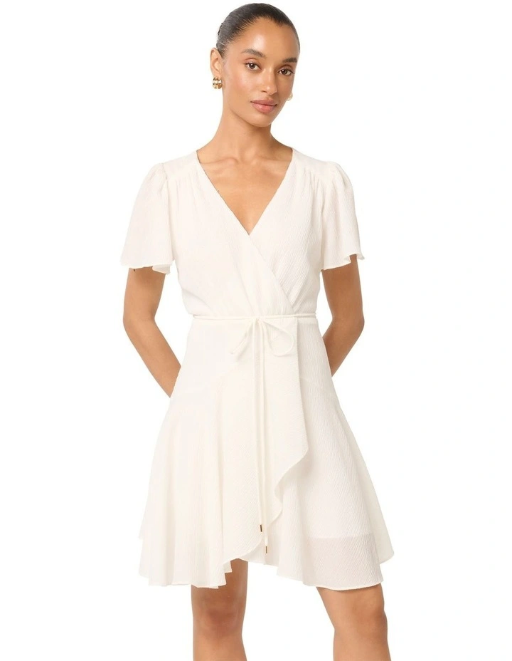 Chrissie Fluttered Sleeves Mini Dress in Ivory image 1