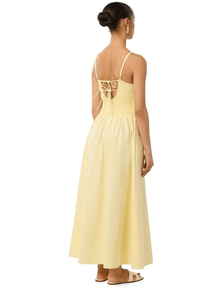 Dylan Shirred Cotton Midi Dress in Pastel Yellow image 2
