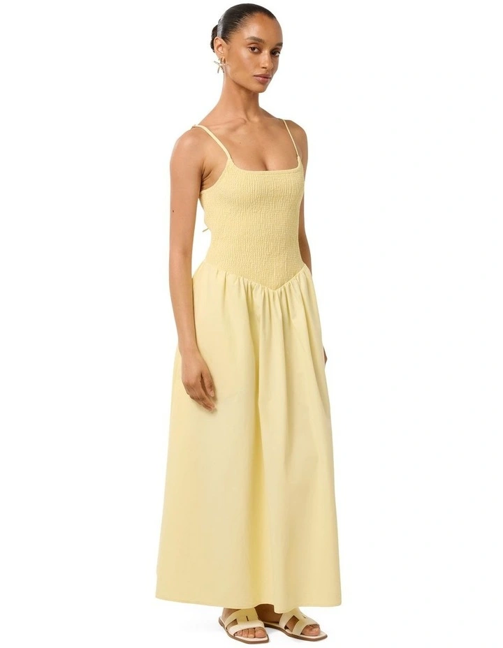 Dylan Shirred Cotton Midi Dress in Pastel Yellow image 3