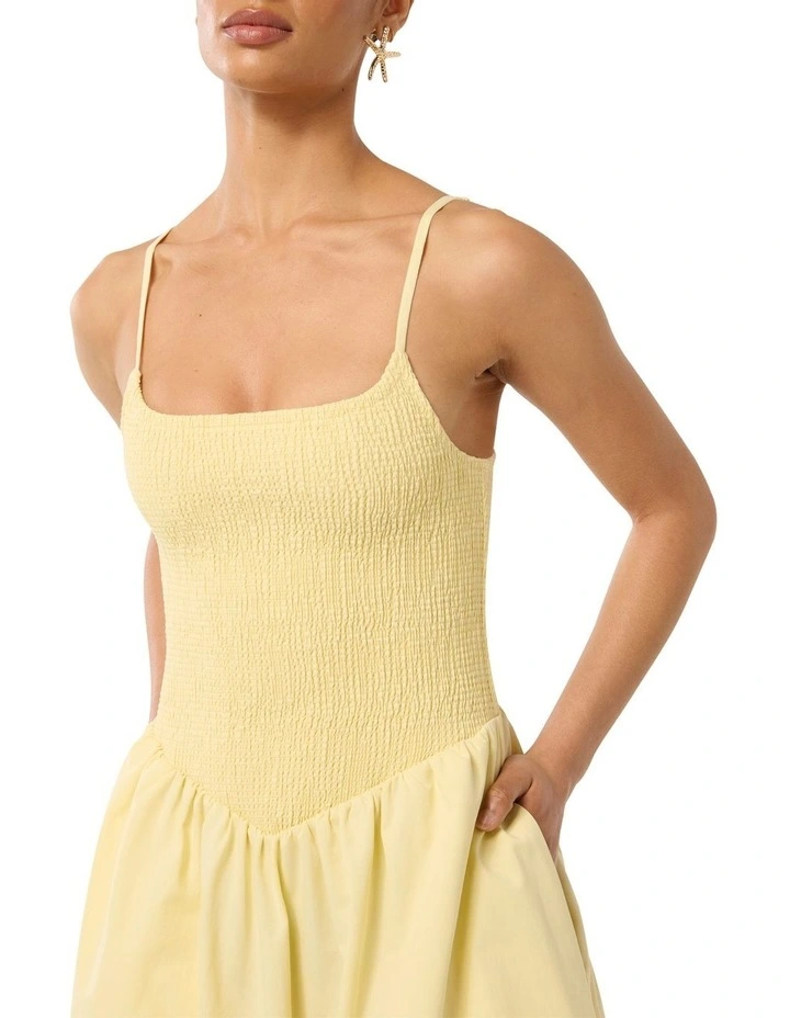 Dylan Shirred Cotton Midi Dress in Pastel Yellow image 4