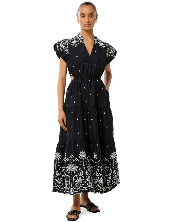 Lilo Tiered Embroidery Midi Dress in Black image 1