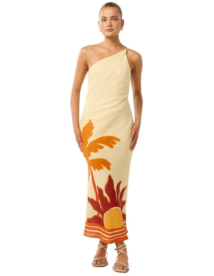 Carmen One Shoulder Linen Midi Dress in Multi image 1