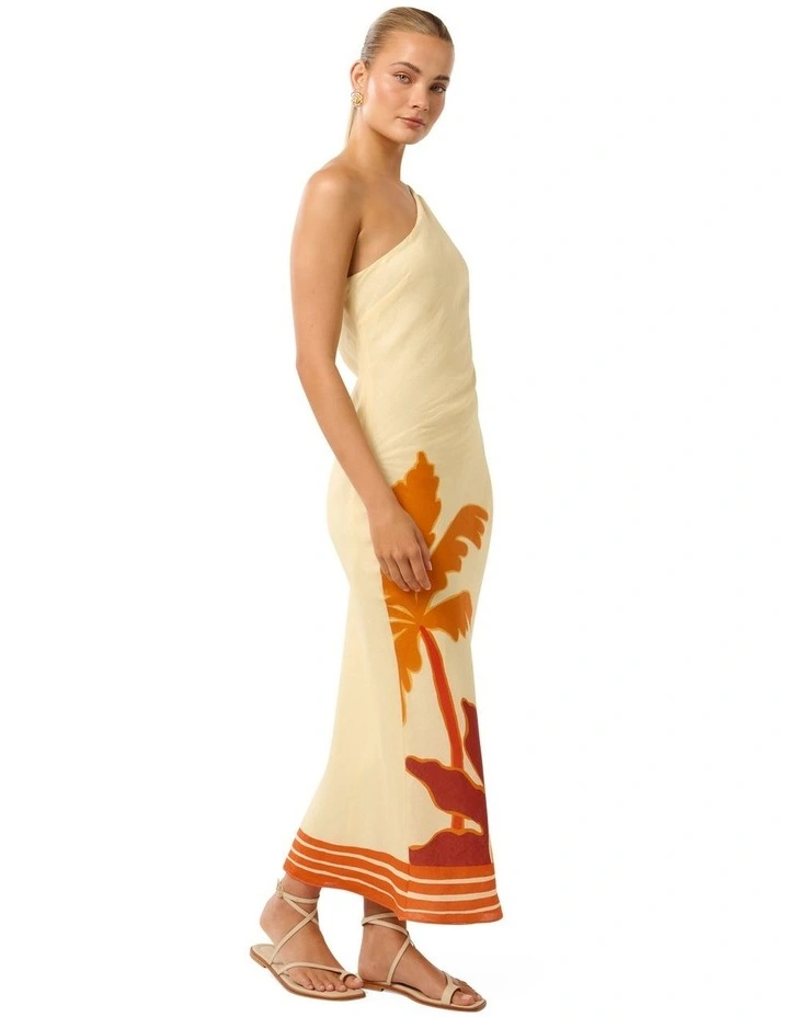 Carmen One Shoulder Linen Midi Dress in Multi image 3