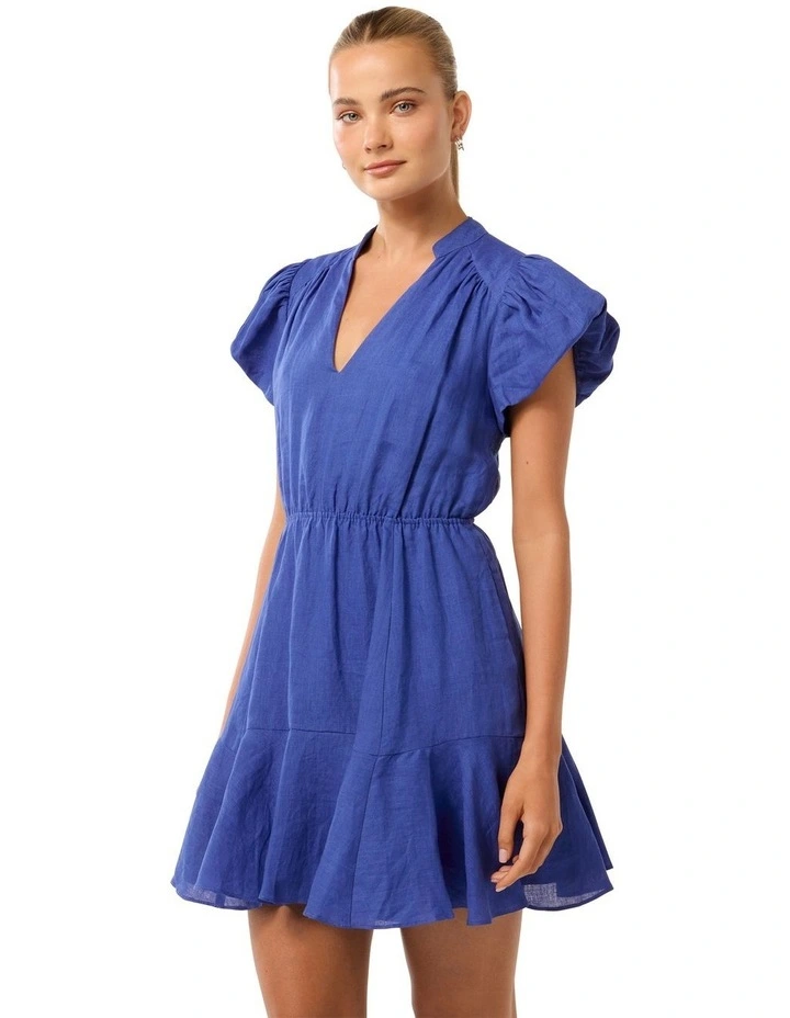 Isabella Puff Sleeves Linen Mini Dress in Blue image 3