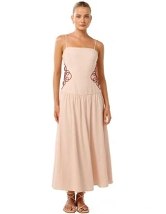 Arabelle Applique Linen Midi Dress in Pink