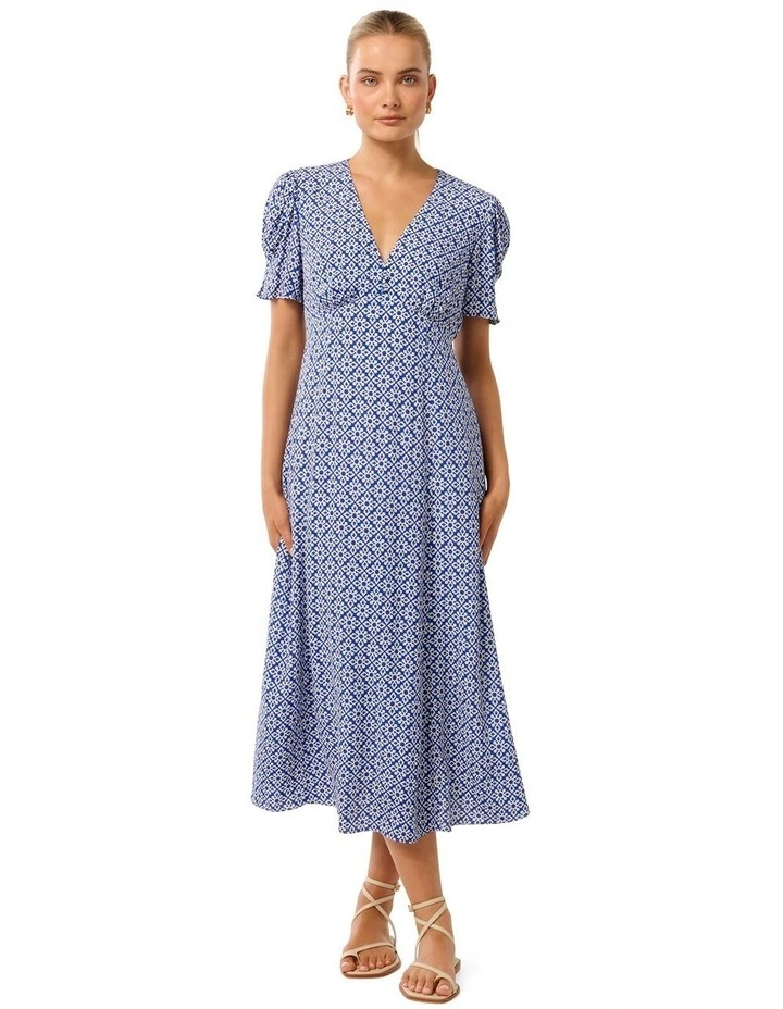Saffron Printed Midi Sun Dress in Blue image 1