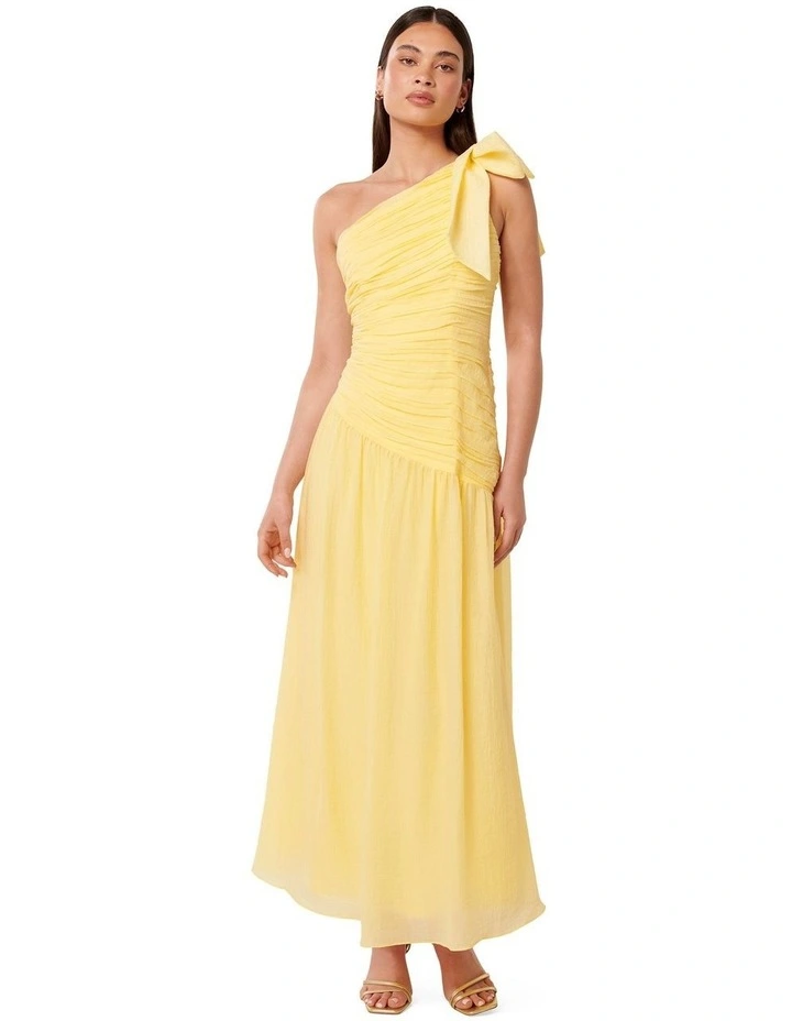 Jordan Ruched Bow Detail Midi Dress in Pastel Yellow image 1