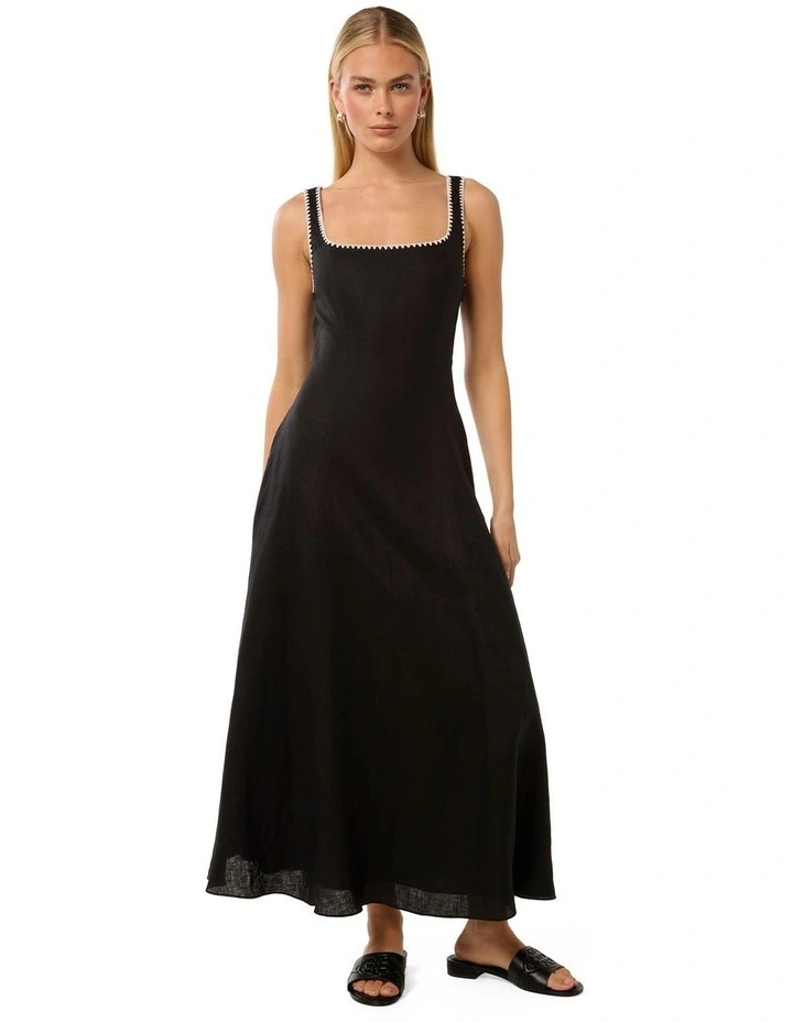 Solene Linen Contrast Whip Stitch Midi Dress in Black image 1