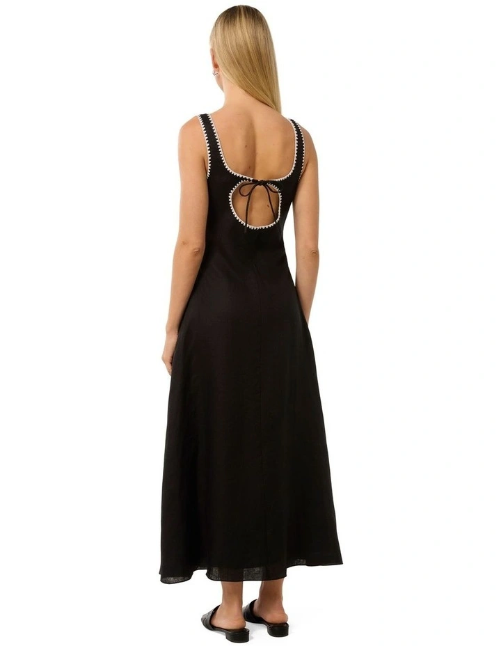 Solene Linen Contrast Whip Stitch Midi Dress in Black image 2