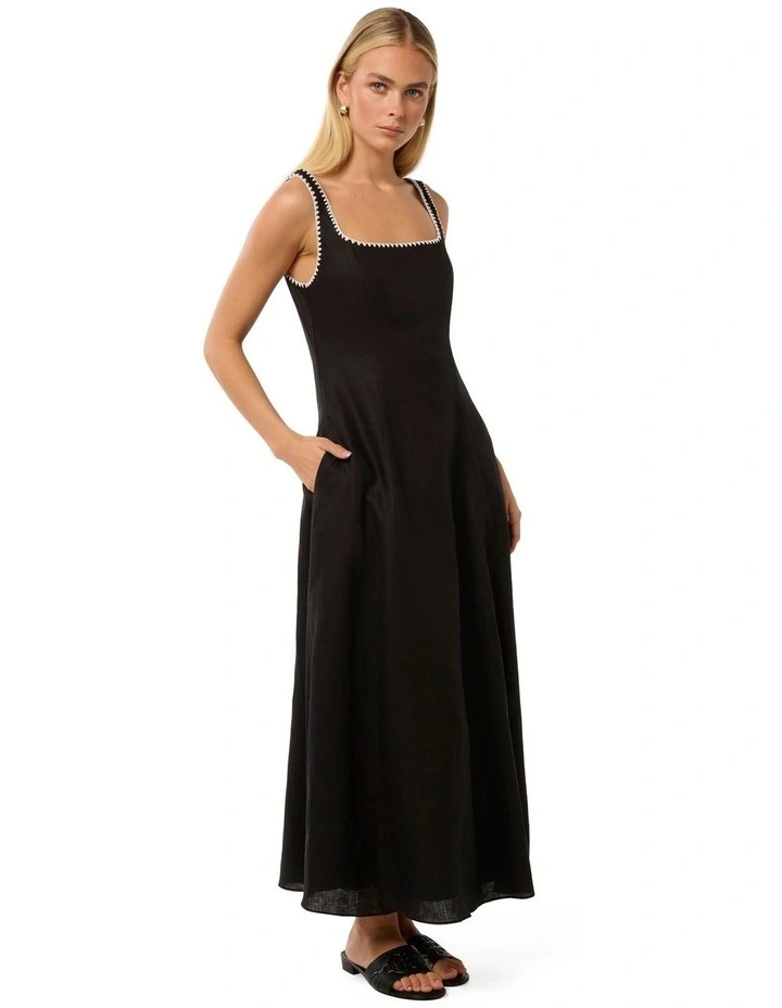 Solene Linen Contrast Whip Stitch Midi Dress in Black image 3