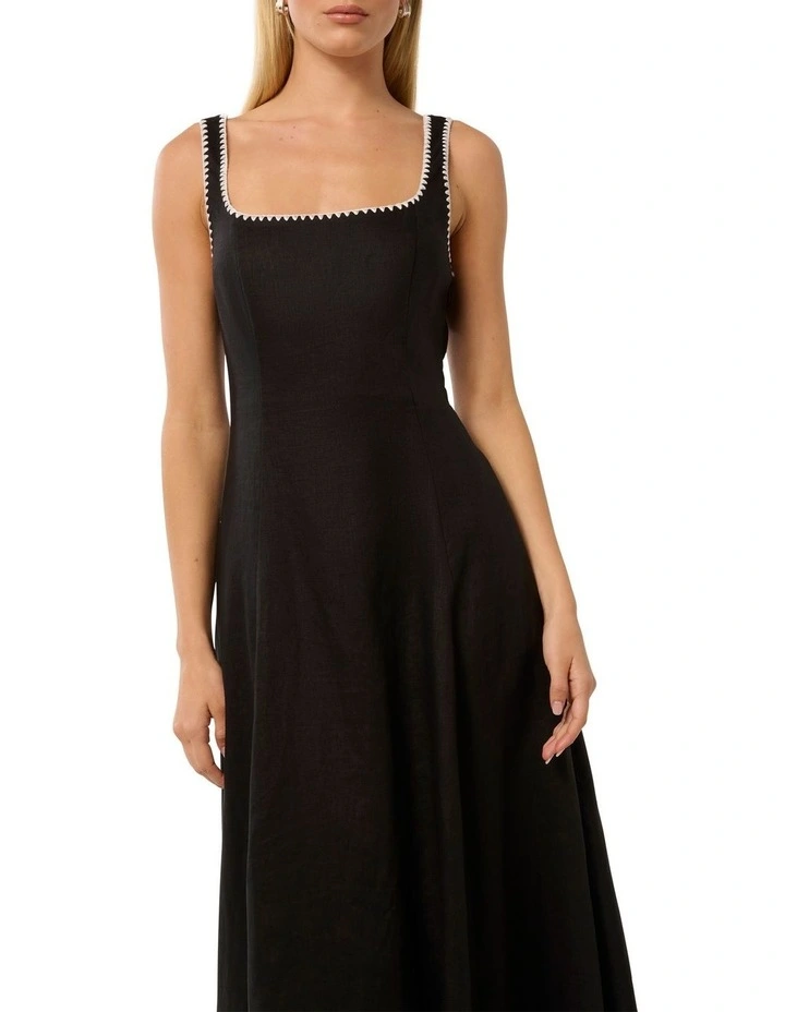 Solene Linen Contrast Whip Stitch Midi Dress in Black image 4