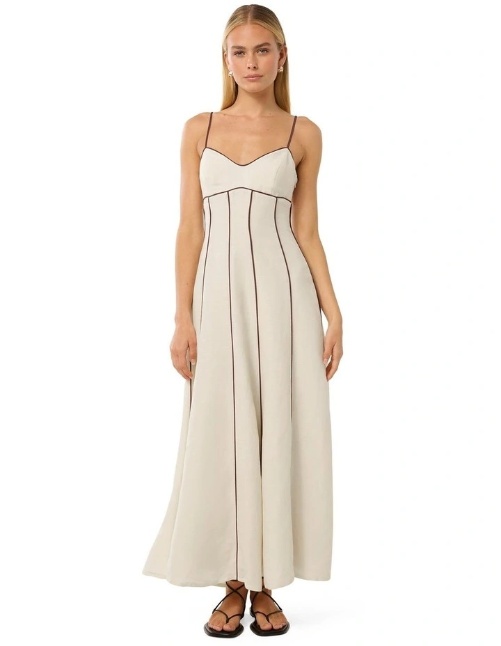 Roma Contrast Piping Linen Midi Dress in White image 1