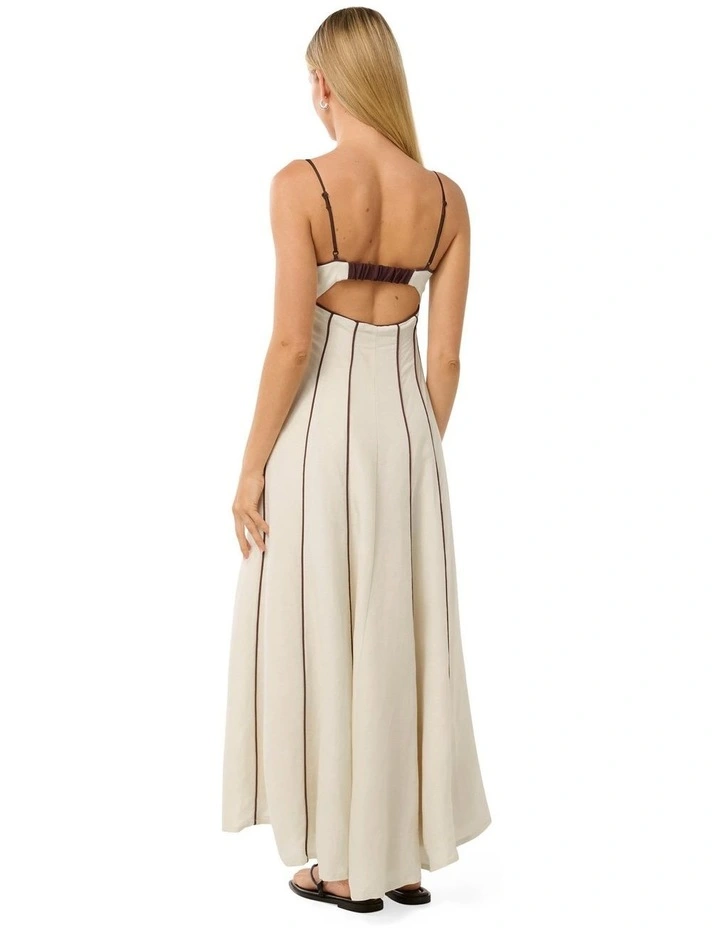 Roma Contrast Piping Linen Midi Dress in White image 2