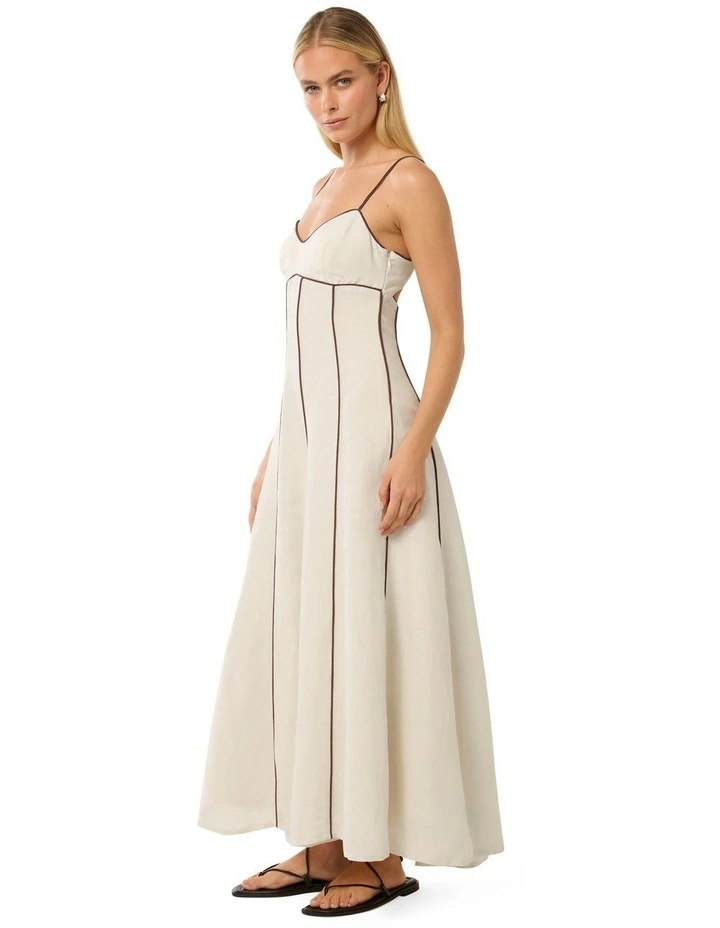 Roma Contrast Piping Linen Midi Dress in White image 3