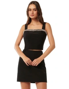 Camilla Embellished Trim Crepe Top in Black