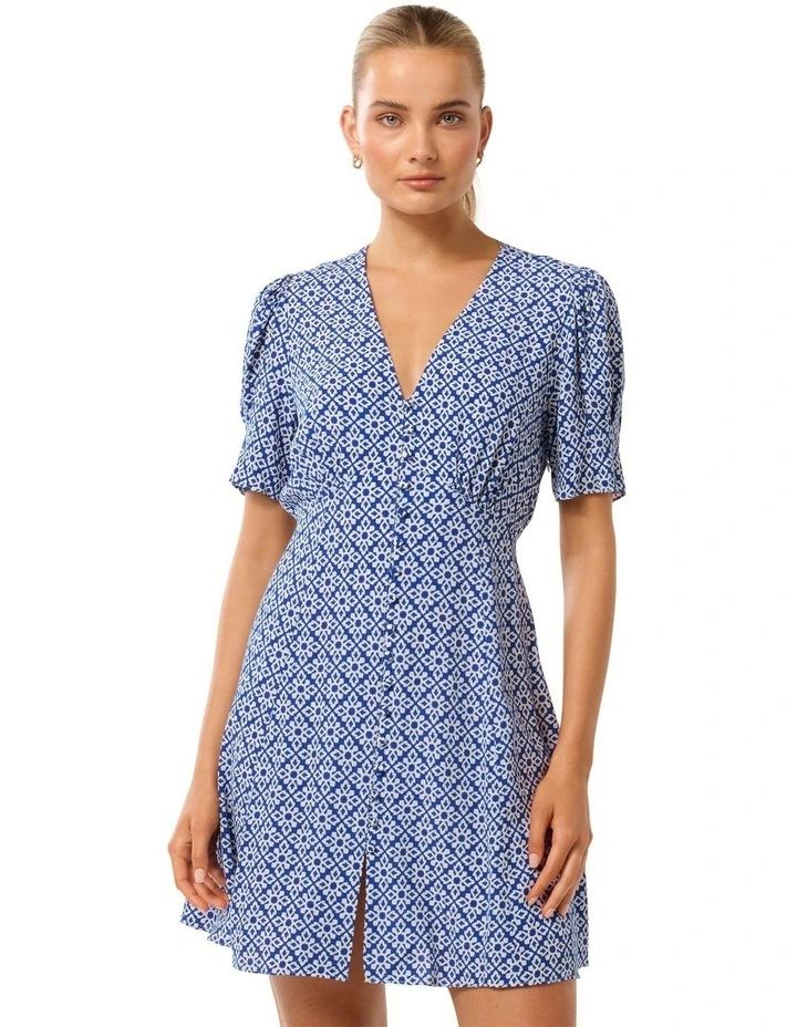 Saffron Printed Mini Sun Dress in Blue image 1