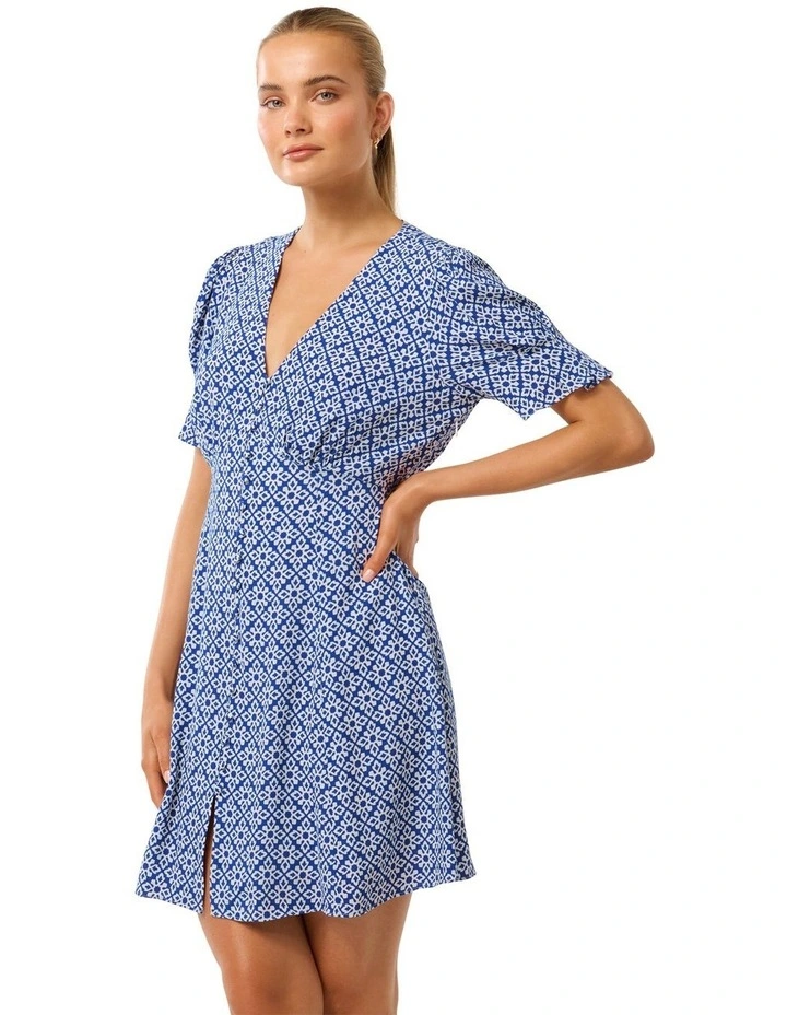 Saffron Printed Mini Sun Dress in Blue image 3