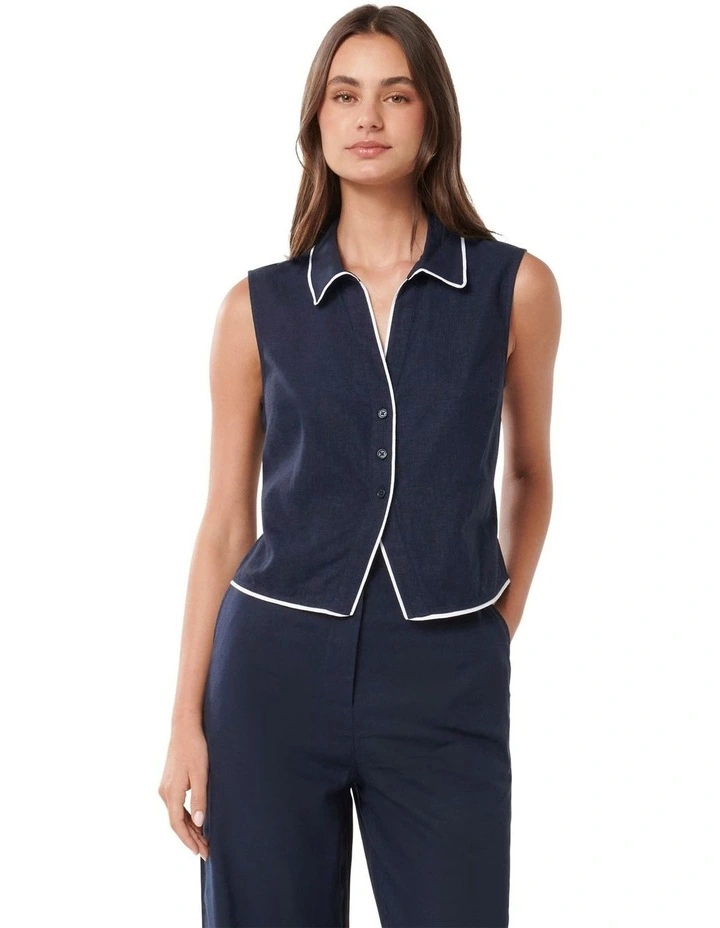 Nia Tipped Linen Shirt in Navy image 1