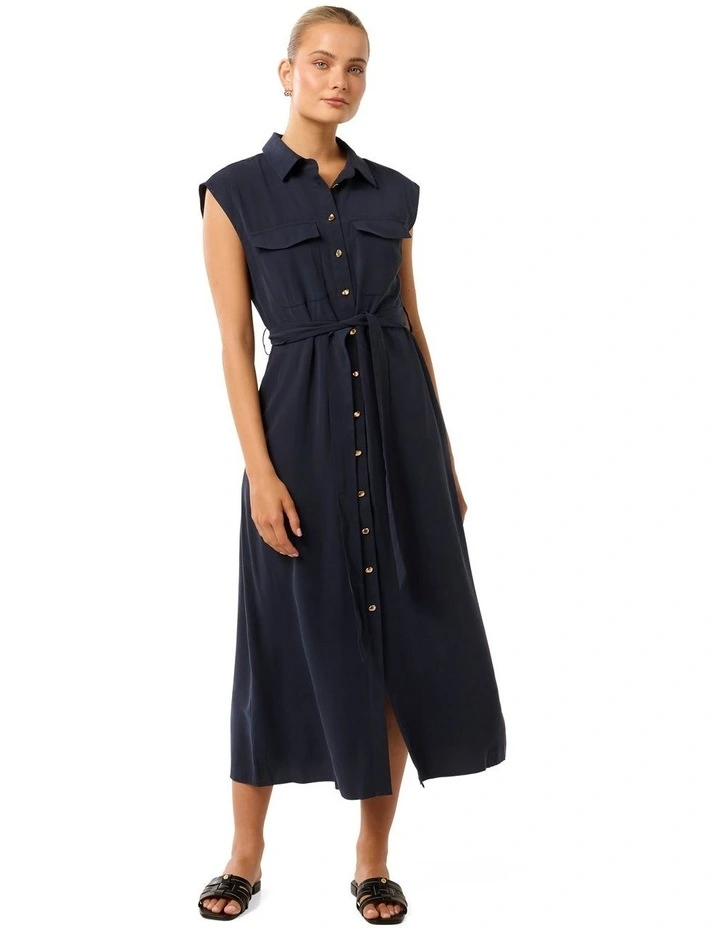 Mikayla Tie Belted Button Up Midi Dress in Navy image 1