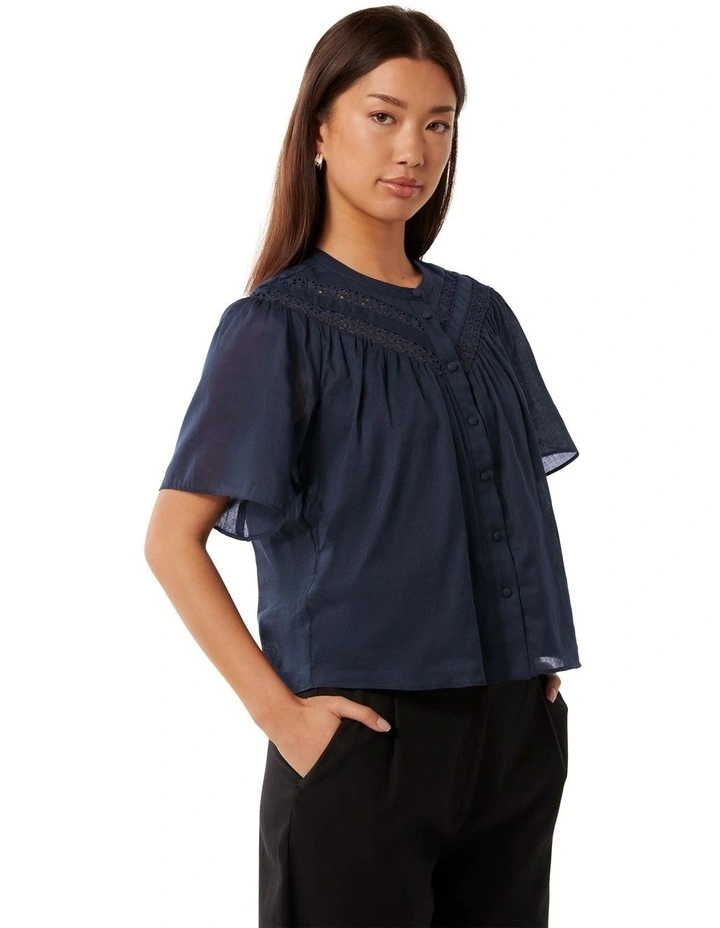 Luka Trimmed Yoke Blouse Top in Navy image 3